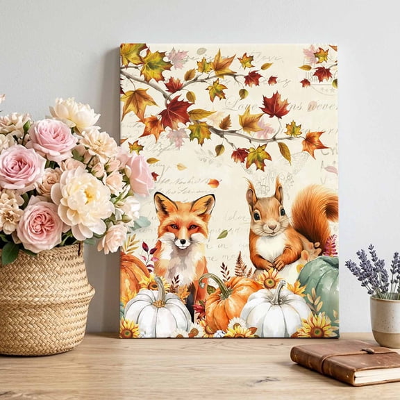 Fall Squirrel Fox Canvas Wall Art for Living Room, Pumpkin Sunflower Leaf Poster Print Painting for Bedroom Office Home Decoration Wall Pictures Prepare To Hang 24"x32"