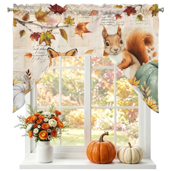 Fall Squirrel Fox Swag Valances for Windows 56 x 36 Inch, Pumpkin Sunflower Leaf Rod Pocket Light Filtering Window Topper for Kitchen Bathroom Bedroom Living Room