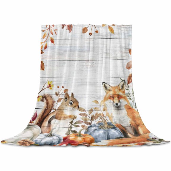 Fall Squirrel Fox Throw Flannel Blanket 32x48In Thanksgiving Pumpkin Leaf Wood Grain Super Soft Cozy Bed Blanket, Lightweight Plush Fuzzy Bed Throw for Bedroom Sofa Couch Living Room
