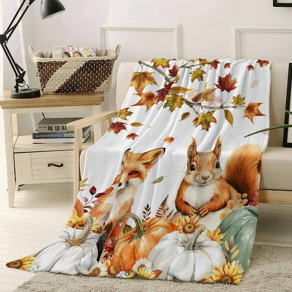 Fall Squirrel Fox Throw Flannel Blanket 40x60In Pumpkin Sunflower Maple Leaf Thanksgiving Super Soft Cozy Bed Blanket, Lightweight Plush Fuzzy Bed Throw for Bedroom Sofa Couch Living Room