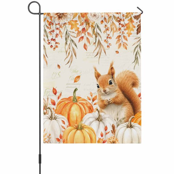 Fall Squirrel Garden Flag 12 x 18 Inches, Thanksgiving Rustic Orange White Pumpkin Leaf Berry Weather Proof Outdoor Patio Flags Double Sided Small Garden Decoration for Yard Outside Home