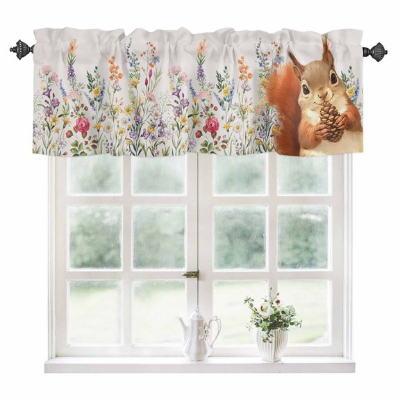 Fall Squirrel Kitchen Valances for Windows 42x18 Inch Kitchen Curtains Valances Rod Pocket Botanical Watercolor Flower Leaf Plant Bathroom Window Valances for Window Treatment Decor