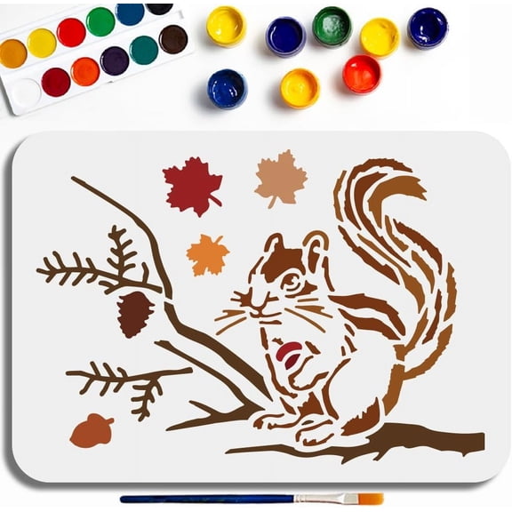 Fall Squirrel Maple Leaf Stencil 11.78.3inch Autumn Maple Leaves Pine Cones Template with Paint Brush Forest Animal Tree Branch Stencil for Wood Fabric Wall Window DIY Craft