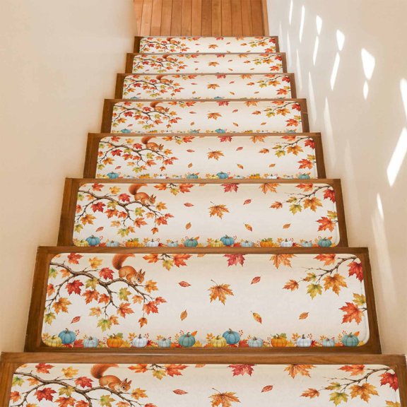 Fall Squirrel Non-Slip Stair Treads for Wooden Steps, 4 Pack 8x30 Inches Carpet Stair Mats with Adhesive Backing, Noise-Reducing Step Covers for Indoor Stairs, Easy to Install & Residue-Free
