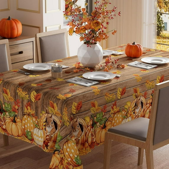Fall Squirrel Pumpkin Maple Leaves Wood Tablecloth Rectangle Washable Table Covers for Home Party Decorations 60x84 Inch