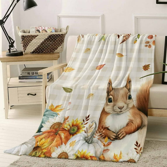 Fall Squirrel Pumpkin Sunflower Leaf Beige Plaid Thanksgiving Throw Flannel Blanket 50x60In Super Soft Cozy Bed Blanket, Lightweight Plush Fuzzy Bed Throw for Bedroom Sofa Couch Living Room