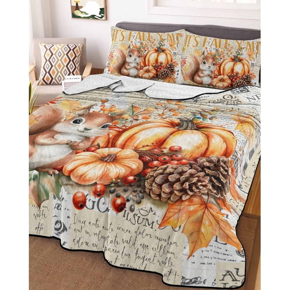 Fall Squirrel Pumpkins King Size Down Alternative Comforter, Lightweight Comforter Quilt Bedding Set with Pillow Shams Vintage Maple Leaf Thanksgiving All Seasons Bed Comforter Duvet Insert 96"x106"