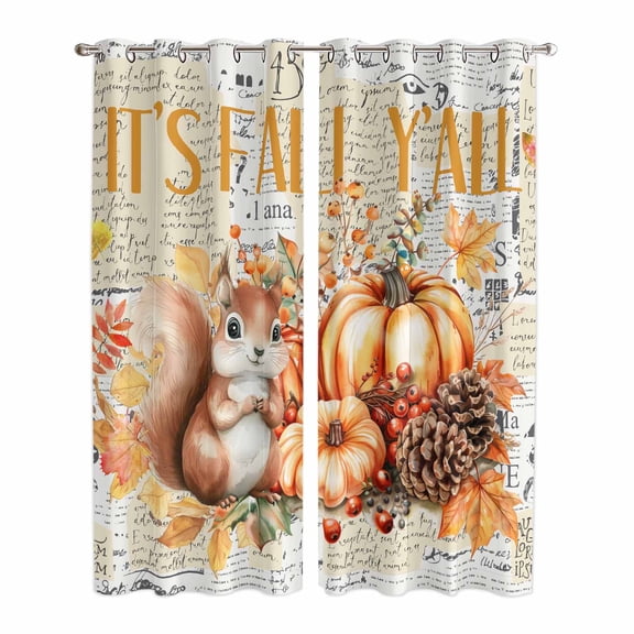 Fall Squirrel Pumpkins Kitchen Curtains 96 Inch Length, Vintage Maple Leaf Thanksgiving Grommet Top Bedroom Living Room Curtains, Light Filtering Cafe Curtain Drapes 2 Panels Set 104''x96''