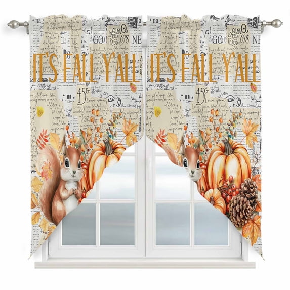Fall Squirrel Pumpkins Kitchen Window Curtains, Swag Curtains Valance for Bedroom Living Room Bathroom, Vintage Maple Leaf Thanksgiving Rod Pocket Window Curtain Block Drapes 2 Panels 28"x36"