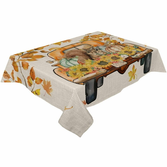 Fall Squirrel Pumpkins Rectangle Tablecloths 54x79,Retro Thanksgiving Leaves Sunflower Table Cloth Table Cover Indoor/Outdoor Tabletop Decor for Wedding Holiday Party Dinner Baby Shower
