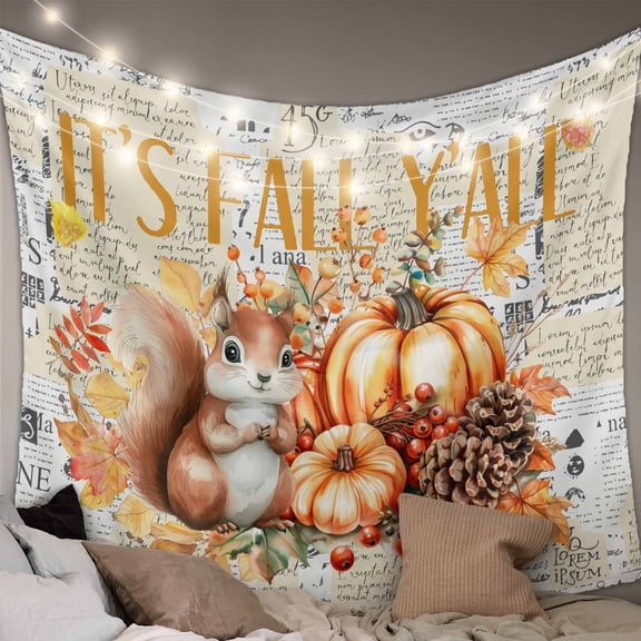 Fall Squirrel Pumpkins Small Tapestry for Bedroom Wall Hanging Tapestry,Vintage Maple Leaf Thanksgiving Ceiling Backdrop Tapestries Poster Blanket Wall Decor for Teens Room Living Room Dorm 23" x 28"