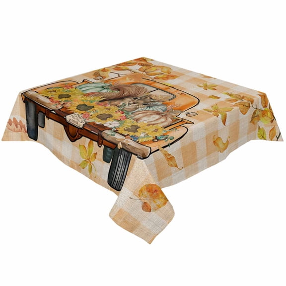 Fall Squirrel Pumpkins Square/Round Tablecloths 52x52,Orange Plaid Thanksgiving Leaves Table Cloth Table Cover Indoor/Outdoor Tabletop Decor for Wedding Holiday Party Dinner Baby Shower