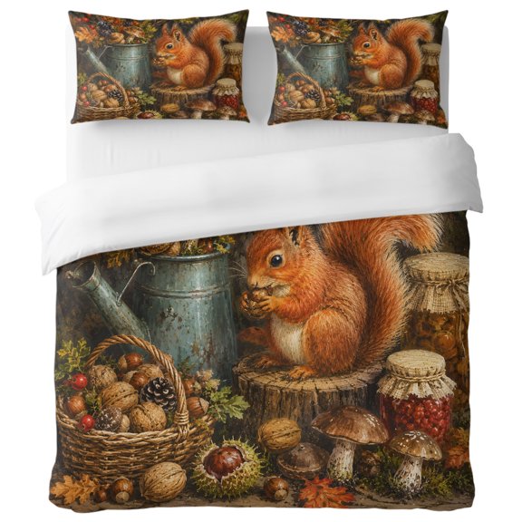 Fall Squirrel Queen Duvet Cover Set, Forest Wildlife Mushroom Oak Leaf Rustic Pinecones Decorative 3 Piece Bedding Set with Zipper Closure Soft Breathable Microfiber Comforter Cover & 2 Pillowcases
