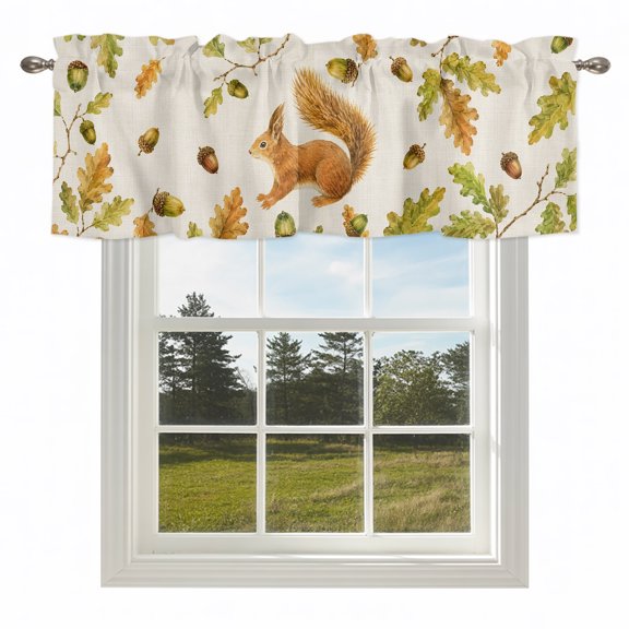 Fall Squirrel Retro Linen Texture Valances for Windows Farmhouse Wildlife Pine Cone Rod Pocket Curtain Valance Window Treatment Short Curtains for Kitchen Living Room,42x12in