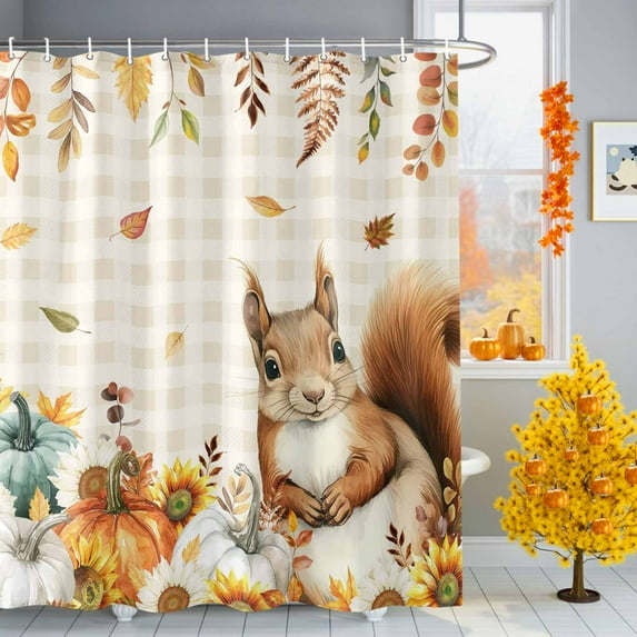 Fall Squirrel Shower Curtains for Bathroom, Pumpkin Sunflower Leaf Beige Plaid Thanksgiving Waterproof Fabric Shower Curtain for Bathroom Bathtub Decoration, Machine Washable, 36"x72"