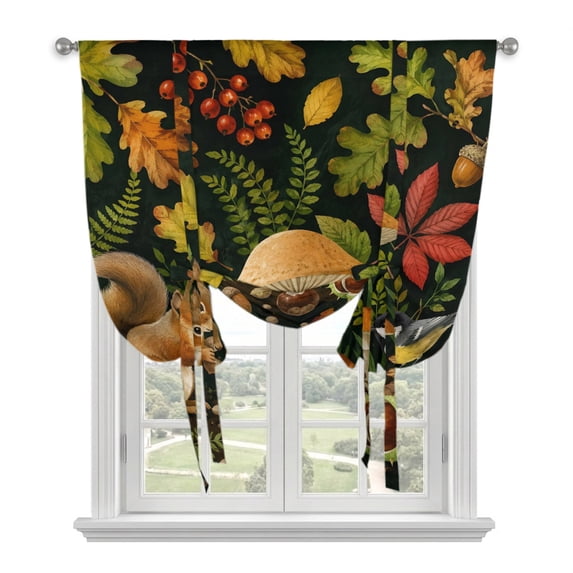 Fall Squirrel Tie Up Curtains for Windows, Adjustable Balloon Window Shades, Pastoral Garden Farmhouse Wildlife Kitchen Window Treatments Adjustable Roll Up Curtain for Basement/Nursery 52"x45"