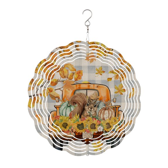 Fall Squirrel Wind Spinner for Garden Yard 10In, Pumpkin Sunflower Truck Gray Plaid 3D Stainless Steel Kinetic Hanging Wind Spinners Rustproof Outdoor Decor for Lawn Patio Home