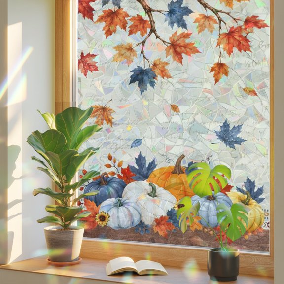 Fall Squirrel Window Privacy Film, Thanksgiving Country Pumpkin Maple Leaf Flower Berry Stained Glass Rainbow Film Decorative Window Clings, Static Cling Sun Blocking Stickers 19.6" x 39.3"