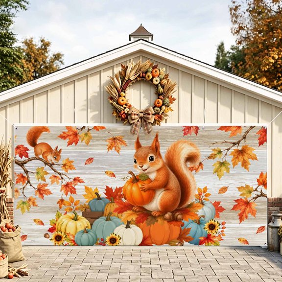 Fall Squirrels Garage Door Banner 6.9x8 Ft, Thanksgiving Autumn Harvest Pumpkins Brown Outdoor Garage Door Cover for Holiday Party, Hanging Banner Backdrop Decoration Wall Decor Flag
