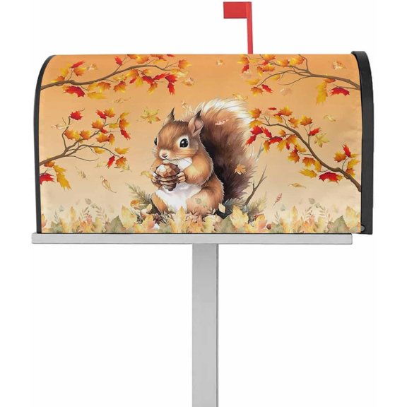 Fall Squirrels Magnetic Mailbox Covers Standard Size 21x25 Inch, Maple Leaves Autumn Mailbox Wraps Mailbox Post Cover Seasonal Fall Thanksgiving Holiday Mailbox Decor for Outside Garden Yard