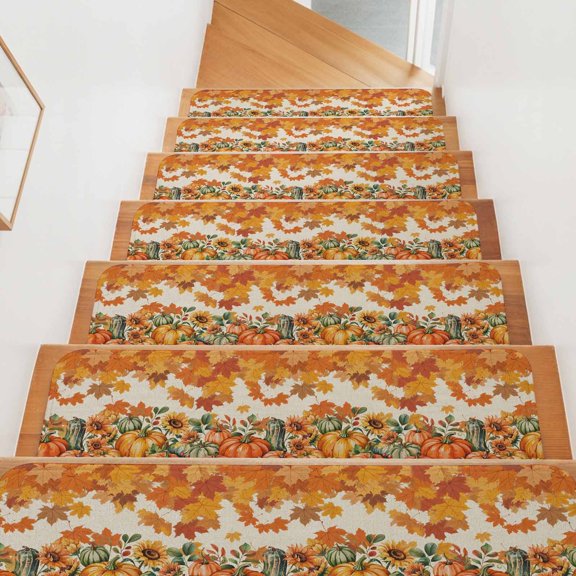Fall Stair Treads for Wooden Steps Indoor, Autumn Harvest Pumpkin Stair Tread 15 Pack Non Slip Carpet Mat Fallen Maple Leaves Linen Thanksgiving Staircase Step Treads for Kids Elders 8"x30"