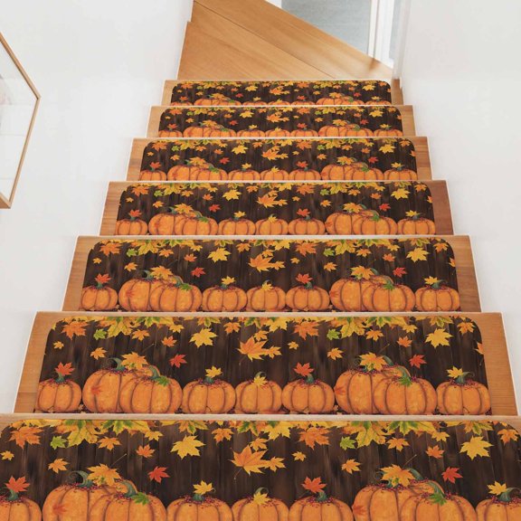 Fall Stair Treads for Wooden Steps Indoor, Autumn Pumpkin Stair Tread 15 Pack Non Slip Carpet Stair Tread Mat Fallen Maple Leaf Wood Grain Thanksgiving Staircase Step Treads for Kids Elders 8"x30"