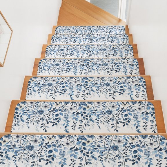 Fall Stair Treads for Wooden Steps Indoor, Blue Eucalyptus Leaves Stair Tread 15 Pack Non Slip Carpet Stair Tread Mat Autumn Flower Leaf Thanksgiving Staircase Step Treads for Kids Elders 8"x30"