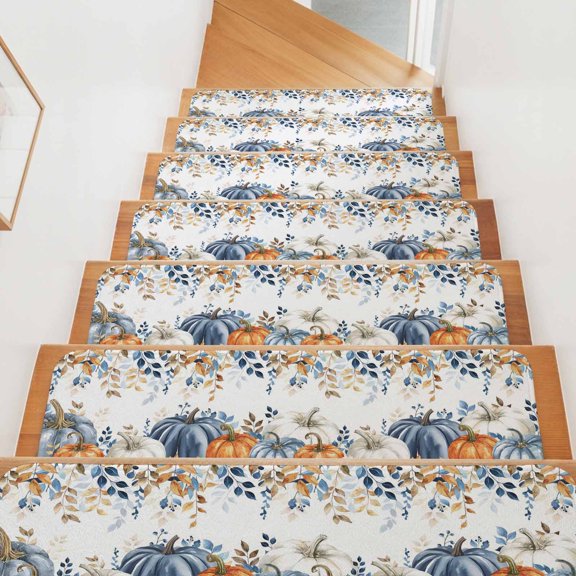 Fall Stair Treads for Wooden Steps Indoor, Blue White Orange Pumpkin Stair Tread 15 Pack Non Slip Carpet Mat Floral Autumn Leaves Thanksgiving Staircase Step Treads for Kids Elders 8"x30"