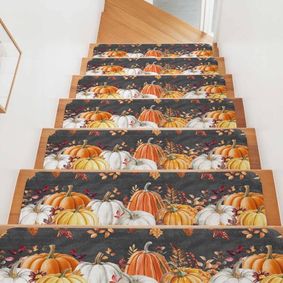 Fall Stair Treads for Wooden Steps Indoor, Harvest Pumpkin Stair Tread 15 Pack Non Slip Carpet Mat Floral Orange Maple Leaf Black Thanksgiving Staircase Step Treads for Kids Elders 8"x30"