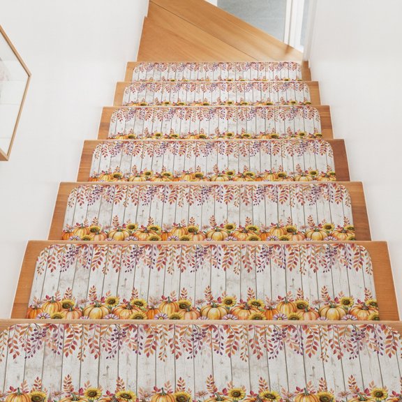 Fall Stair Treads for Wooden Steps Indoor, Harvest Pumpkin Stair Tread 15 Pack Non Slip Carpet Stair Tread Mat Sunflower Leaves Wood Grain Thanksgiving Staircase Step Treads for Kids Elders 8"x30"