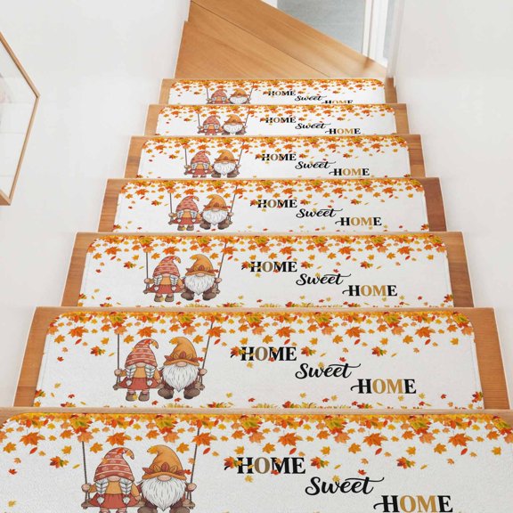 Fall Stair Treads for Wooden Steps Indoor, Maple Leaves Gnome Stair Tread 15 Pack Non Slip Carpet Stair Tread Mat Sunflower Home Sweet Home Thanksgiving Staircase Step Treads for Kids Elders 8"x30"