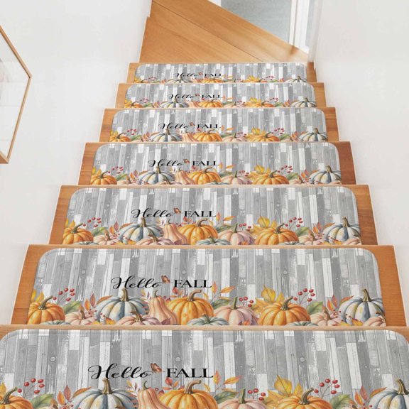 Fall Stair Treads for Wooden Steps Indoor, Maple Leaves Pumpkin Stair Tread 15 Pack Non Slip Carpet Mat Autumn Berry Wood Hello Fall Thanksgiving Staircase Step Treads for Kids Elders 8"x30"