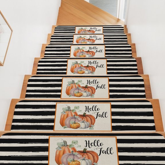 Fall Stair Treads for Wooden Steps Indoor, Orange Harvest Pumpkin Stair Tread 15 Pack Non Slip Carpet Mat Hello Fall Black Stripes Thanksgiving Staircase Step Treads for Kids Elders 8"x30"