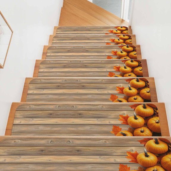 Fall Stair Treads for Wooden Steps Indoor, Orange Pumpkin Stair Tread 15 Pack Non Slip Carpet Stair Tread Mat Autumn Maple Leaves Brown Wood Thanksgiving Staircase Step Treads for Kids Elders 8"x30"