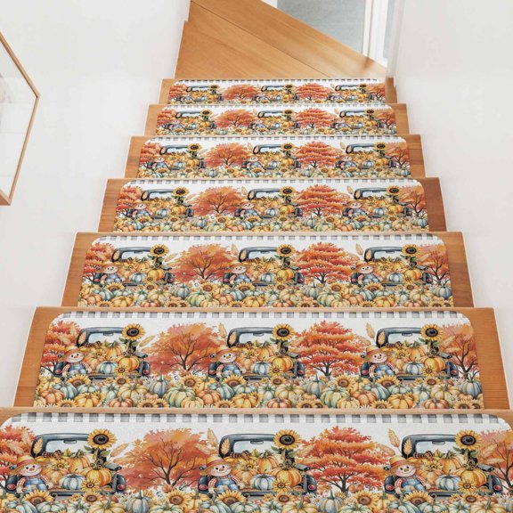 Fall Stair Treads for Wooden Steps Indoor, Scarecrows Pumpkin Truck Stair Tread 15 Pack Non Slip Carpet Mat Sunflower Maple Leaves Thanksgiving Staircase Step Treads for Kids Elders 8"x30"