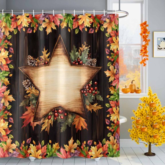 Fall Stars Maple Leaf Shower Curtains for Bathroom, Berry Leaves Watercolor Wood Texture Waterproof Fabric Shower Curtain for Bathroom Bathtub Decoration, Machine Washable, 36"x72"