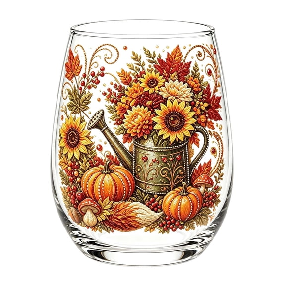 Fall Stemless Wine Glass,Autumn Theme Pattern Print Clear Glassware for Living Room Dining Room Party Gift