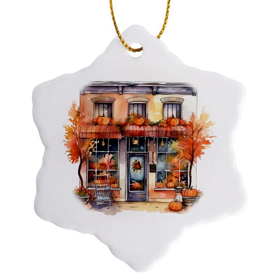 3drose, Fall Store Front Illustration, 3 inch Snowflake Porcelain Ornament