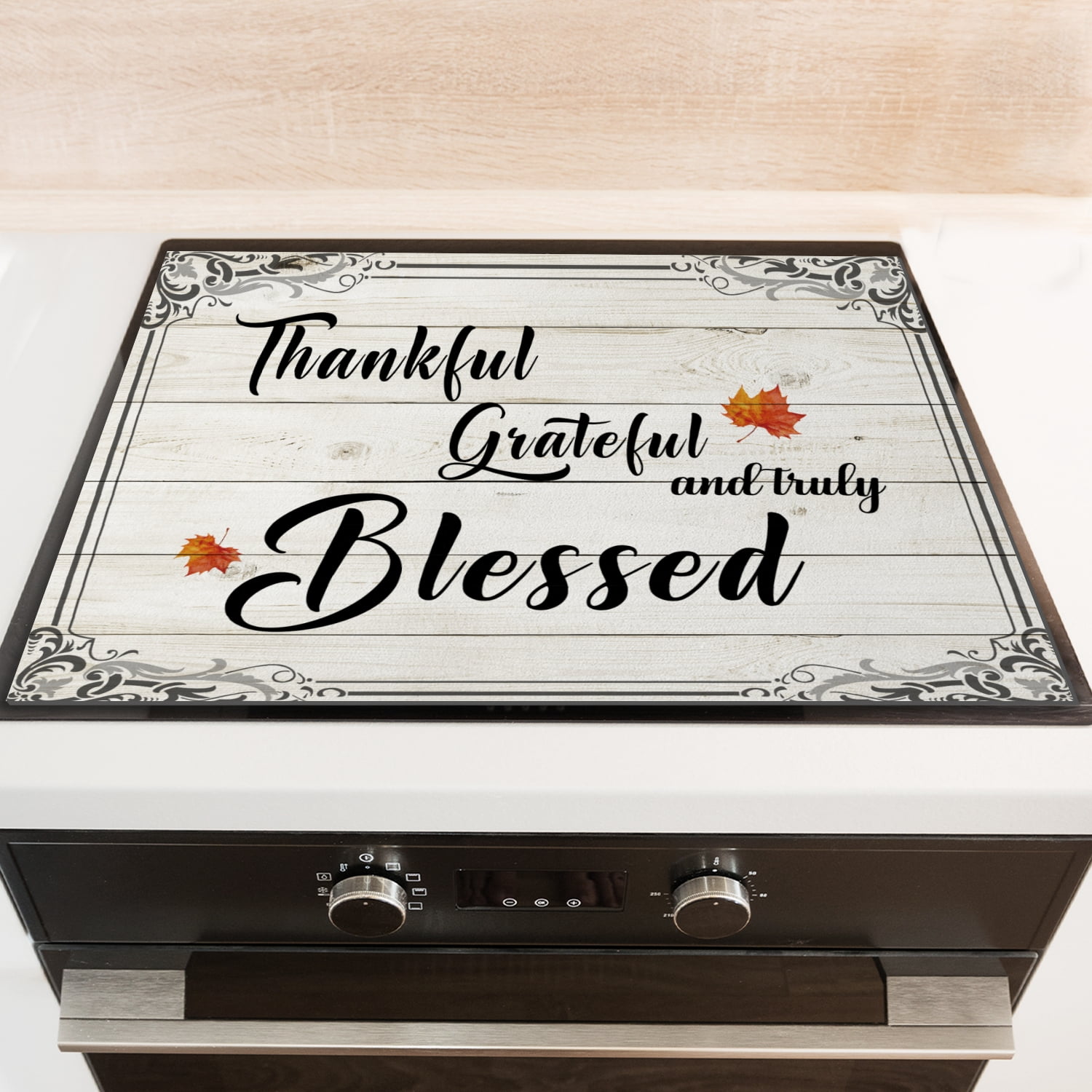 Fall Stove Cover for Electric Flat Top, Grateful Maple leaves Rustic Wood Design Multipurpose Oven Protector Mat, Range Cover Expands Usage Spaces for Kitchen RV (28×20 Inch)
