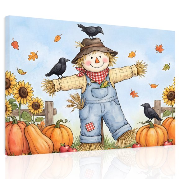 Fall Straw Figure Canvas Print Wall Art, Rustic Farmhouse Orange Harvest Pumpkins Crow Wall Decor Framed Artwork Paintings Pictures for Living Room Bedroom Stretched Ready to Hang, 24" x 32"