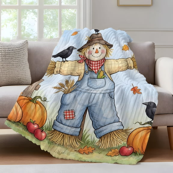 Fall Straw Figure Throw Blanket for Couch Rustic Farmhouse Orange Harvest Pumpkins Crow Soft and Warm Flannel 3D Striped Fluffy Fuzzy Fleece Blanket Lightweight Throw for Bed, Sofa 30 x 40 Inches
