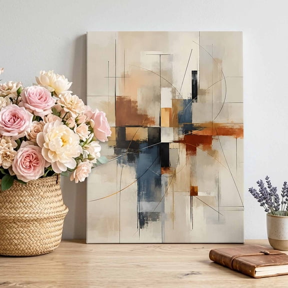 Fall Stripe Canvas Wall Art, Modern Abstract Geometric Beige Brown Gray Lines Framed Canvas Wall Decor Picture Print Artwork Decorations for Living Room Office Ready to Hang 10" x 8"
