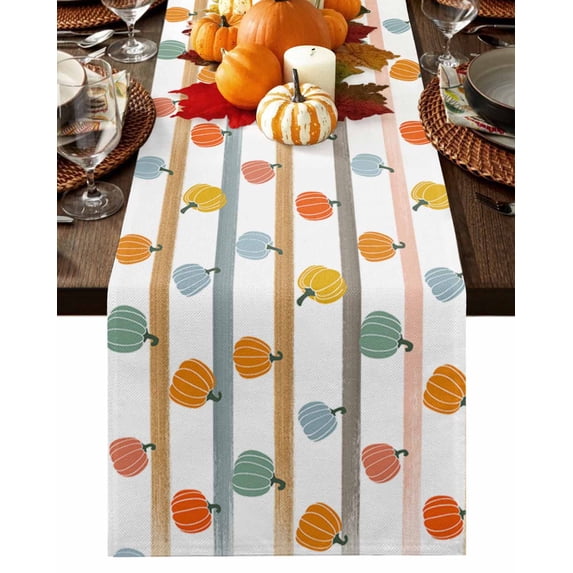 Fall Striped Pumpkin Table Runner-Cotton Linen- 72 Inch Holiday Dresser Scarves, Thanksgiving Farmhouse Wood Grain Tablerunner for Kitchen Coffee/Dining Bedroom Living Room Dinner Scarf Décor 14x72