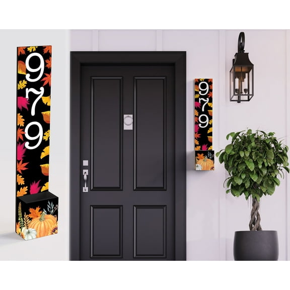 Fall Style Wooden Address Number Planter Sign with Pumpkin & Leaf Pattern - 36"x4.375"x7" - Charming Front Door Decor
