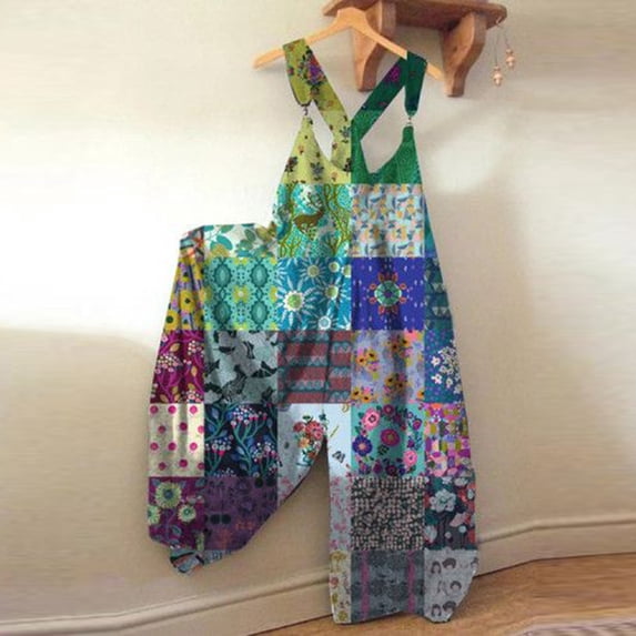 Fall Summer Plus Size Boho Overalls for Women Hippie Cloth Floral Printed Jumpsuits Spaghetti Strap Rompers