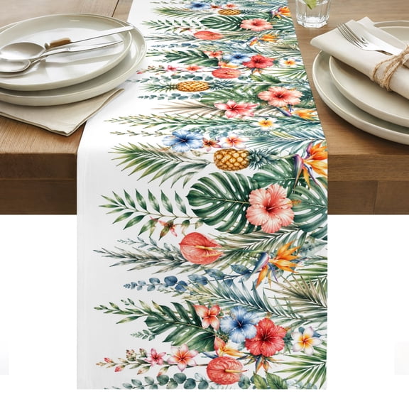 Fall Summer Table Runner, Tropical Palm Leaf Pineapple Flowers Botanical Washable Kitchen Table Runners Dress Scarves for Dining Table Decorations Party/Restaurant/Indoor Outdoor Use, 13x36in