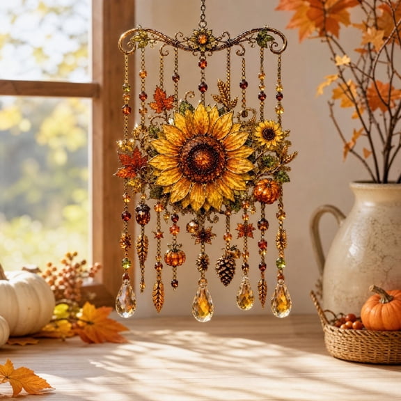 Fall Suncatcher, Stained Pumpkin Maple Leaf Wind Chime Hanging Ornament Fall Decor, Thanksgiving Acrylic Suncatcher, Halloween Wind Chime for Window Garden Yard Patio