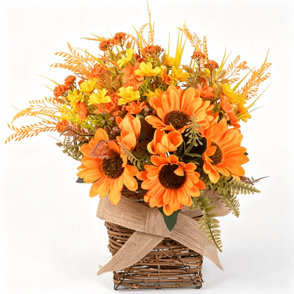 Fall Sunflower Basket Wreath, Handwoven Rattan Wreath with Sunflower and Wildflower Bouquet, Farmhouse Fall and Summer Porch Decor, Front Door Indoor Outdoor Hanging Wreath