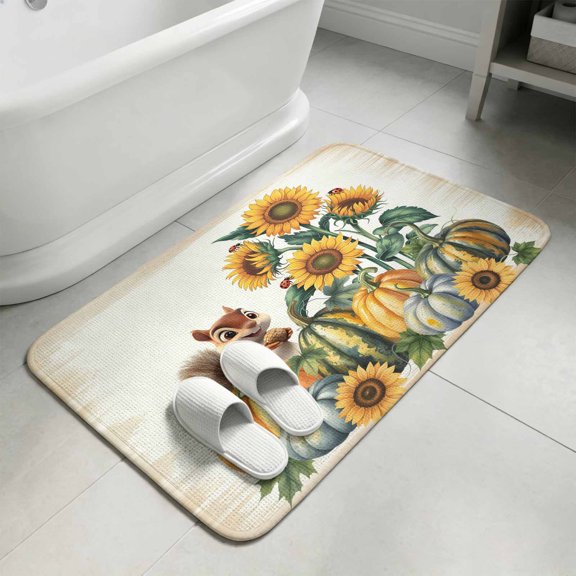 Fall Sunflower Bathroom Rugs Non Slip Washable Bath Mat Absorbent Low Pile Front Door Mat Orange Green Blue Pumpkin Squirrel Indoor Doormat for Kitchen Entryway Shower Decor Accessories 15.7"x23.6"