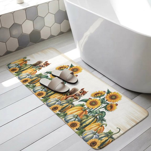 Fall Sunflower Bathroom Runner Rugs Non Slip Washable Absorbent Narrow Long Bath Mat Orange Green Blue Pumpkin Squirrel Runner Rugs for Kitchen Hallway Bedroom Laundry Study Room 19.7"x63"